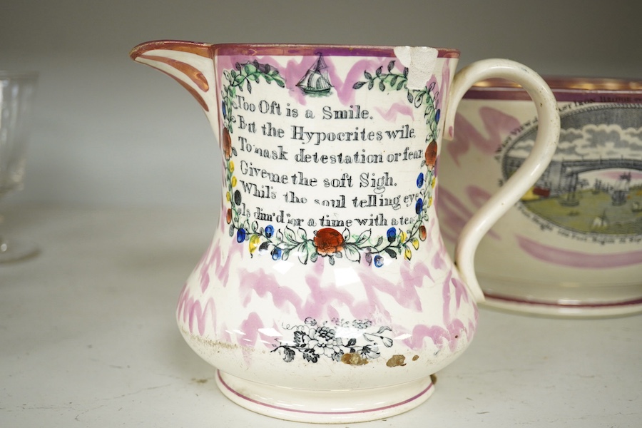 Three pieces of 19th century lustre pottery including a bowl and two jugs, all decorated with views of the Iron Bridge and shipping on the River Wear. Condition - poor to fair, some damage and a large chip to one of the